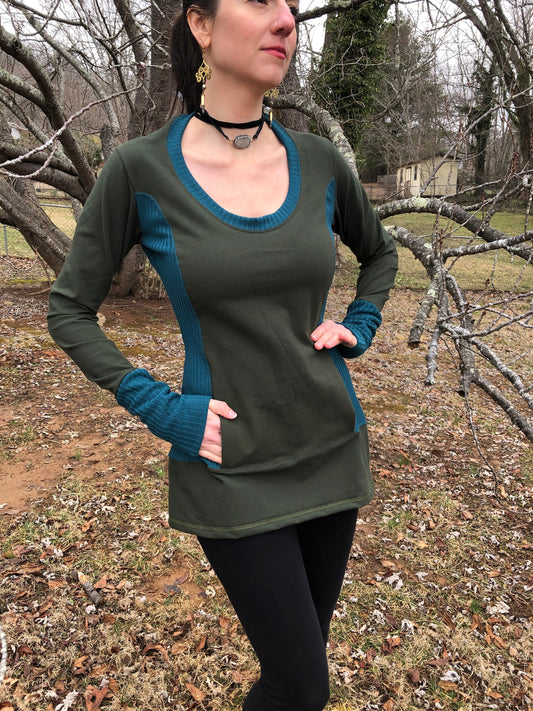 Cotton Lycra Scoop Neck, Kangaroo Pocket, Rib Stretch Knit, Shaped Torso, Olive Long Tunic, Boho, Scrunch Cuffs, Woodland Fairy, Small Only