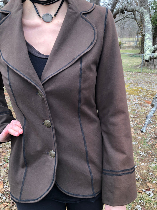 Steampunk Lined Jacket SMALL Only, Stretch Brown Cotton Lycra, Office Blazer Single Breasted Long Fitted Jacket, Brass Buttons