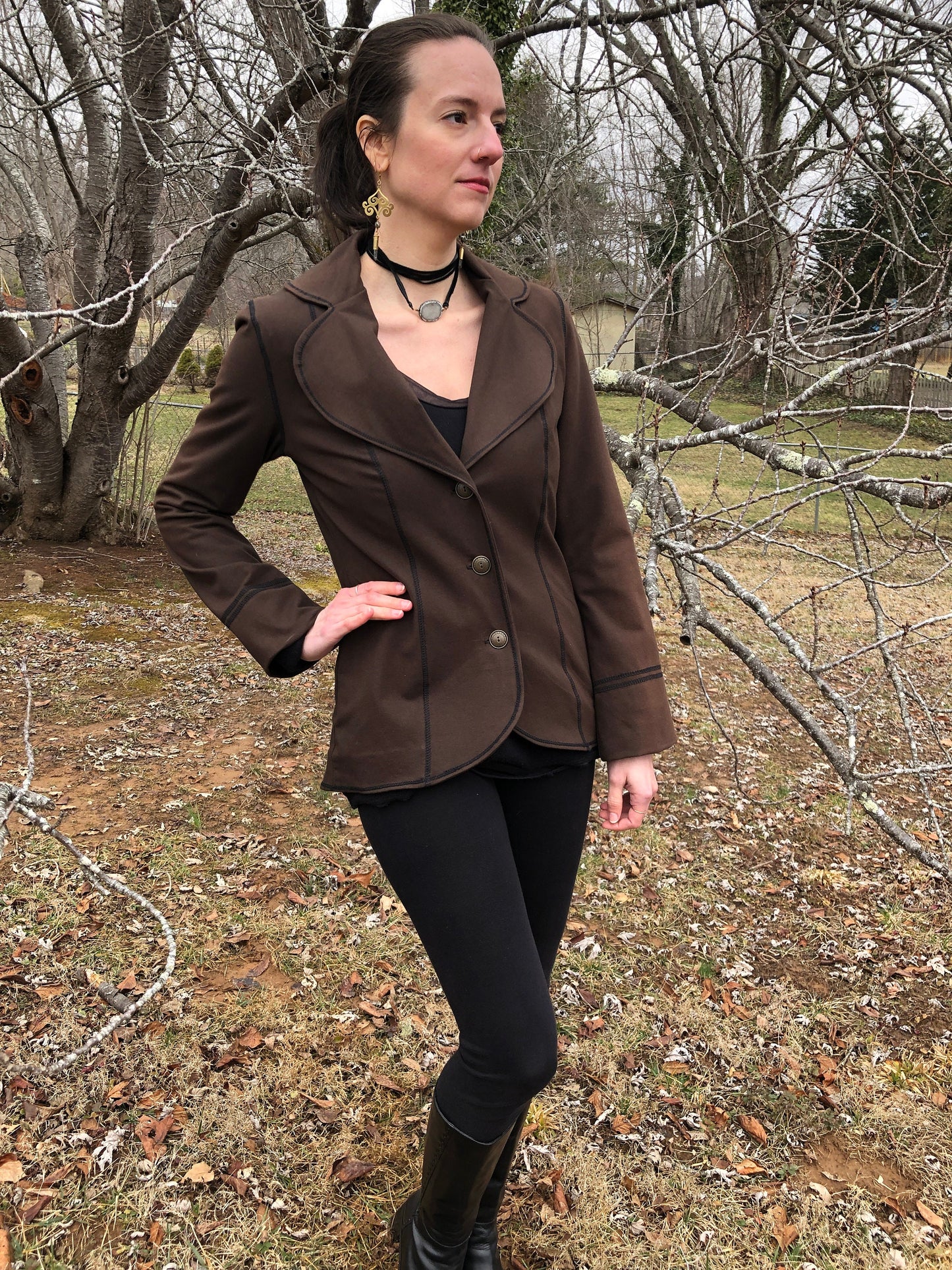 Steampunk Lined Jacket SMALL Only, Stretch Brown Cotton Lycra, Office Blazer Single Breasted Long Fitted Jacket, Brass Buttons