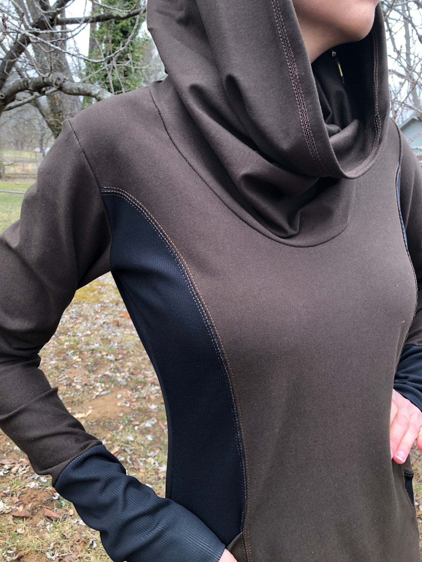 The Zoe Hoodie Cowl Neck Dress, Stretch Cotton Lycra, Shaped Torso, Pockets, Long Sleeves, Scrunch Cuffs, Athleisure