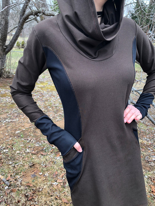 The Zoe Hoodie Cowl Neck Dress, Stretch Cotton Lycra, Shaped Torso, Pockets, Long Sleeves, Scrunch Cuffs, Athleisure