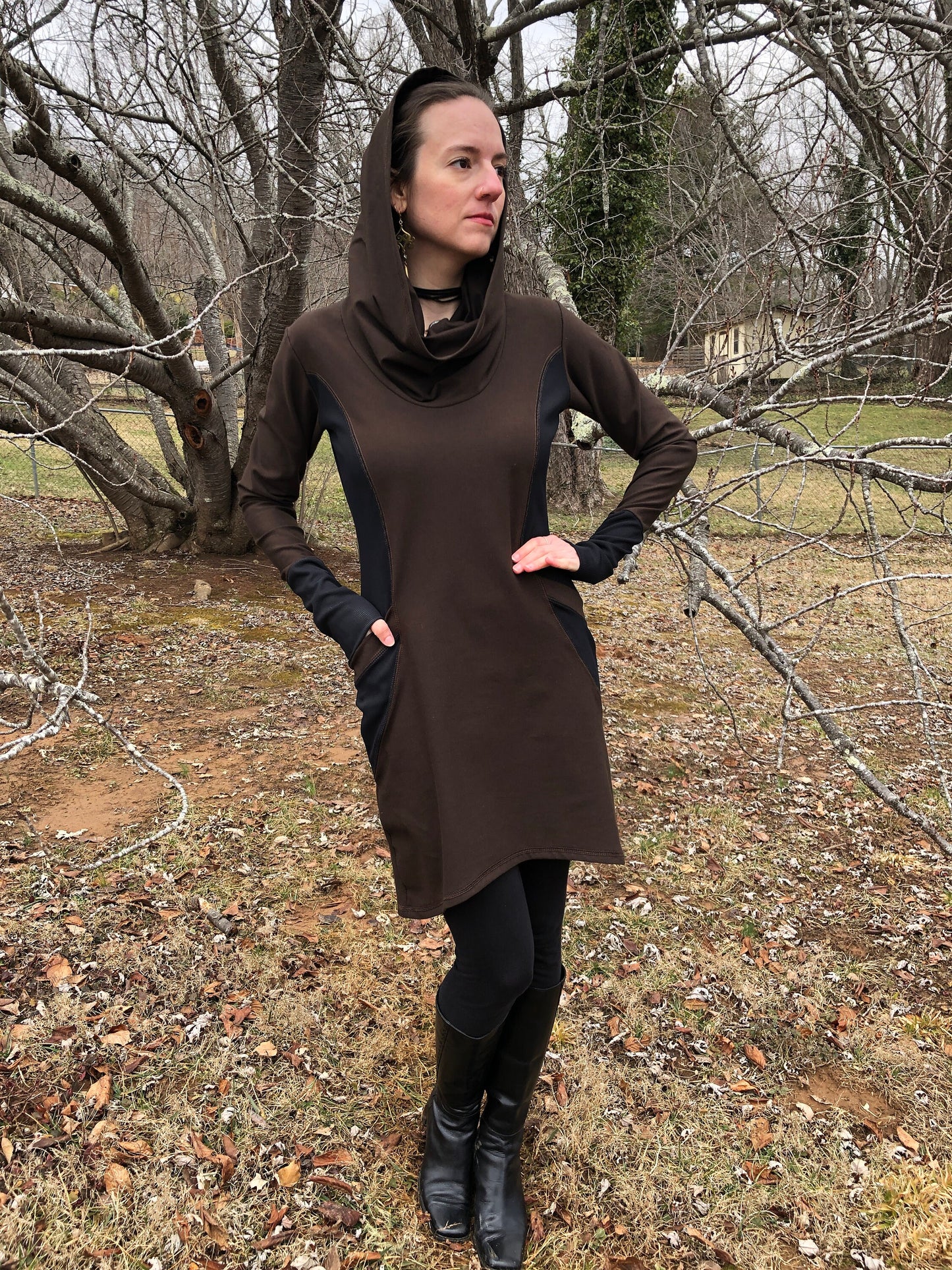 The Zoe Hoodie Cowl Neck Dress, Stretch Cotton Lycra, Shaped Torso, Pockets, Long Sleeves, Scrunch Cuffs, Athleisure