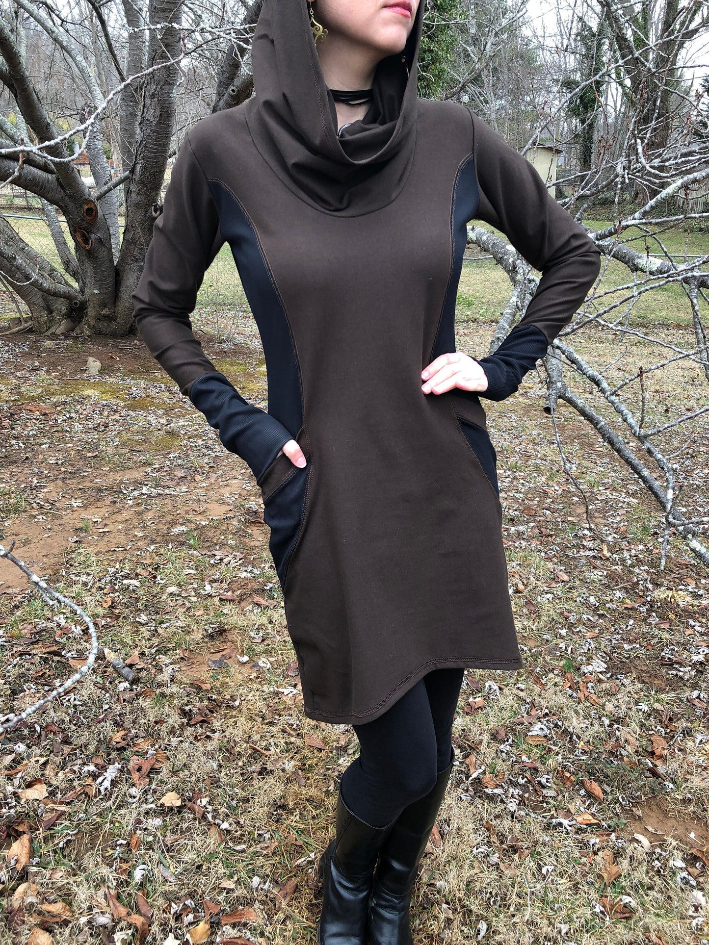 The Zoe Hoodie Cowl Neck Dress, Stretch Cotton Lycra, Shaped Torso, Pockets, Long Sleeves, Scrunch Cuffs, Athleisure