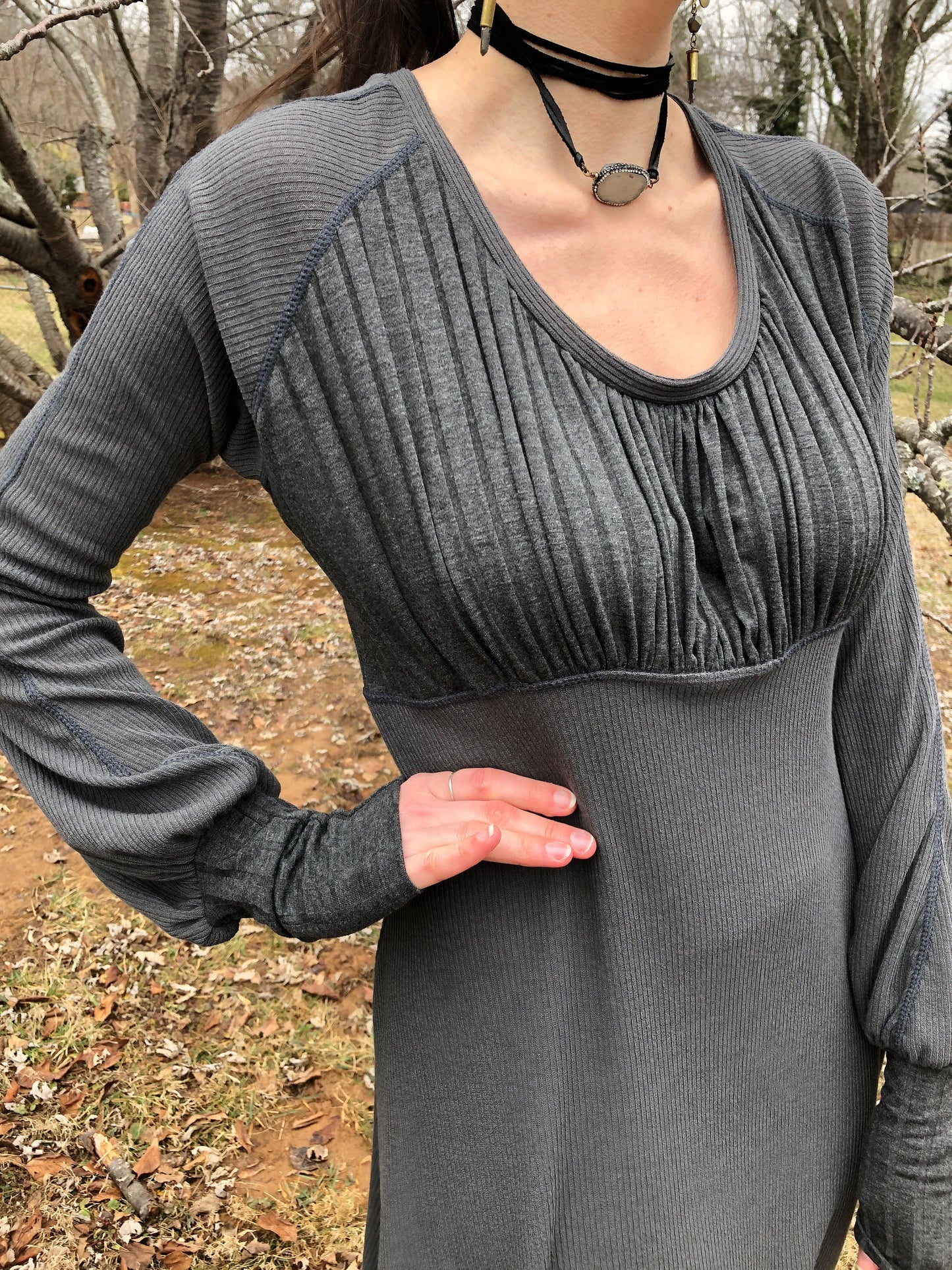 Willow Dress - Long Bell Sleeves, Cloud Grey Stretch Knit, Flowy, Winter Boho, Subtle Bodice Stripes