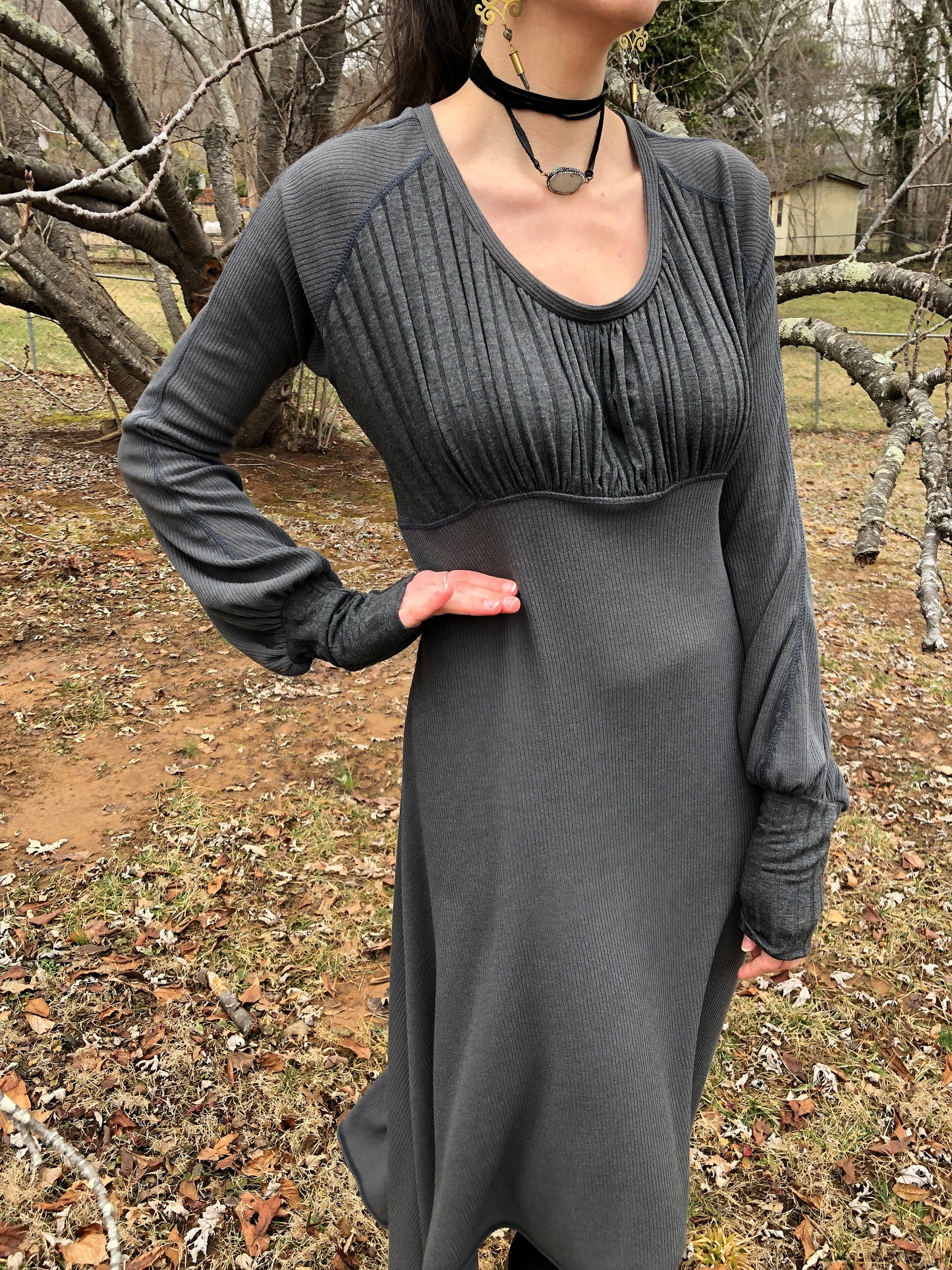 Willow Dress - Long Bell Sleeves, Cloud Grey Stretch Knit, Flowy, Winter Boho, Subtle Bodice Stripes