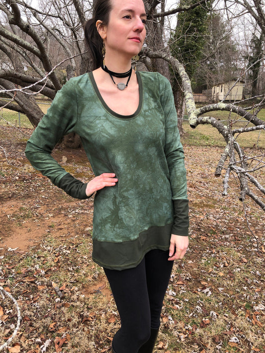 Hand Dyed, Hemp Scoop Neck, With Cotton Lycra Stretch Trim, T shirt top, Long Line Tunic, Long Sleeves, Boho, Scrunch Cuffs, Woodland Fairy