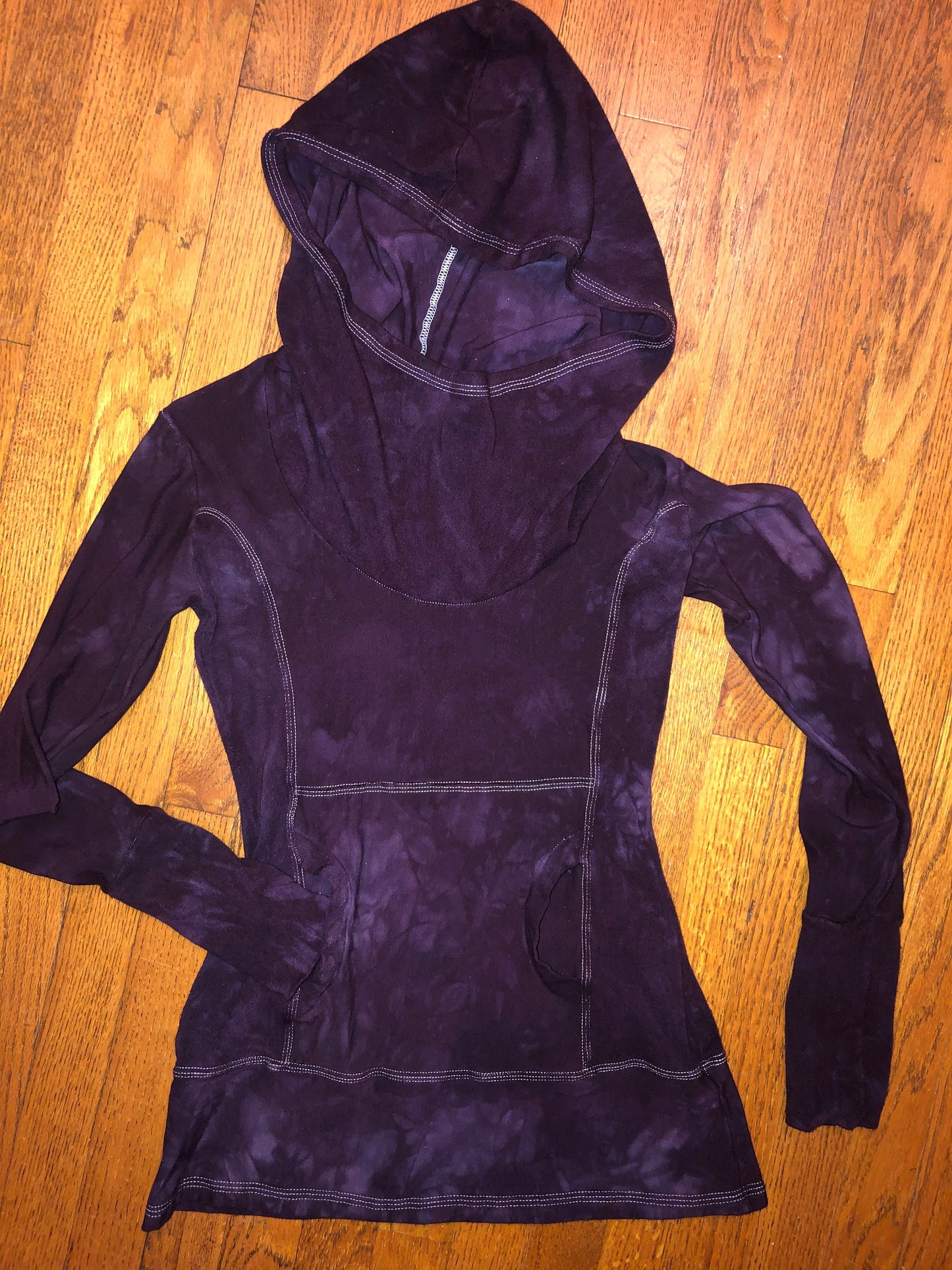 Hand Dyed Hemp/Bamboo Hoodie Cowl Neck, Terry, Shaped Torso, Kangaroo Pocket, Long Line Tunic, Long Sleeves Scrunch Cuffs, Athleisure
