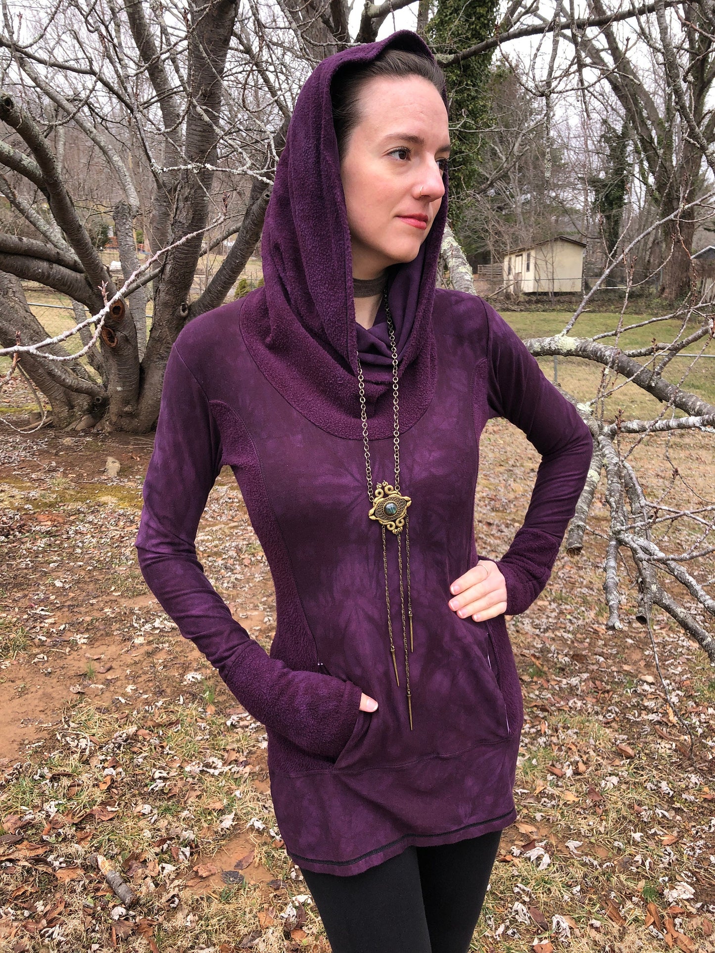 Hand-dyed Bamboo/Hemp Athleisure Cowl Hoodie. Burgundy Stretch Jersey and Fleece. Kangaroo pocket. Long Line Tunic, Boho, Scrunch Cuffs