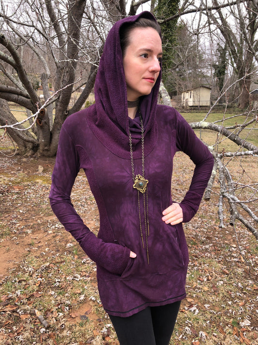 Hand-dyed Bamboo/Hemp Athleisure Cowl Hoodie. Burgundy Stretch Jersey and Fleece. Kangaroo pocket. Long Line Tunic, Boho, Scrunch Cuffs