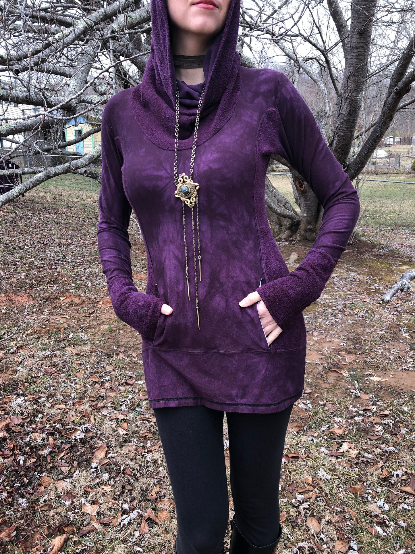 Hand-dyed Bamboo/Hemp Athleisure Cowl Hoodie. Burgundy Stretch Jersey and Fleece. Kangaroo pocket. Long Line Tunic, Boho, Scrunch Cuffs