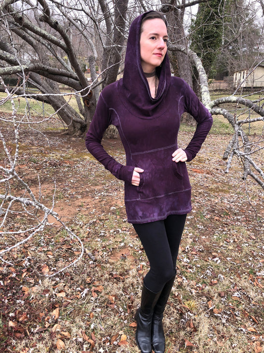Hand Dyed Hemp/Bamboo Hoodie Cowl Neck, Terry, Shaped Torso, Kangaroo Pocket, Long Line Tunic, Long Sleeves Scrunch Cuffs, Athleisure