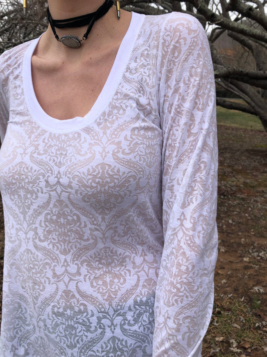 Sheer Scoop Neck, White Damask Print, Burn-Out Stretch Knit, T shirt top, Long Line Tunic, Long Sleeves, Boho, Scrunch Cuffs, Ethereal Fairy