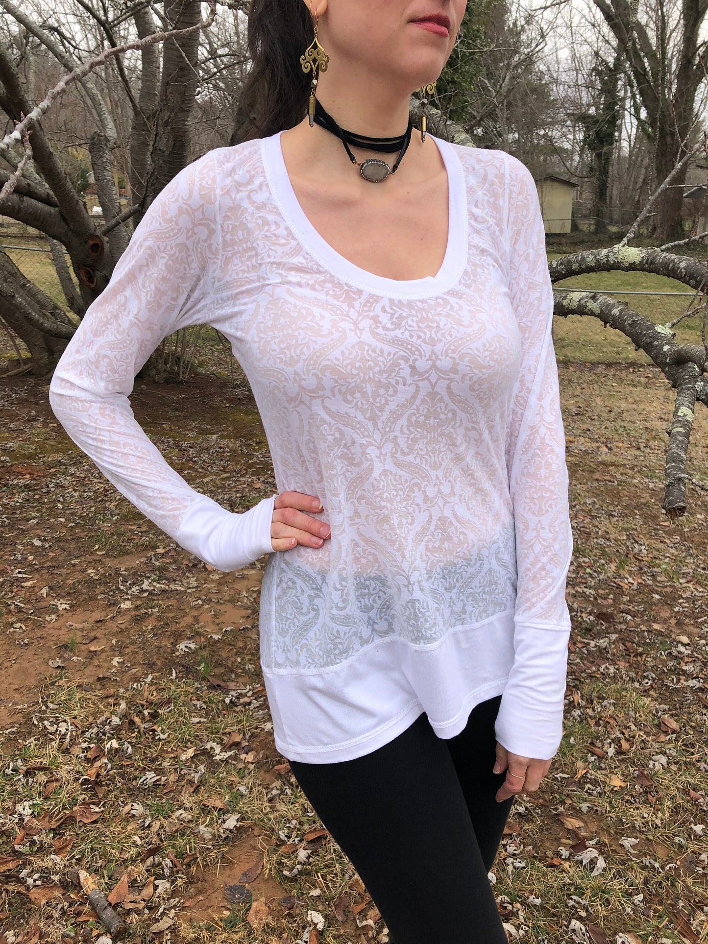 Sheer Scoop Neck, White Damask Print, Burn-Out Stretch Knit, T shirt top, Long Line Tunic, Long Sleeves, Boho, Scrunch Cuffs, Ethereal Fairy