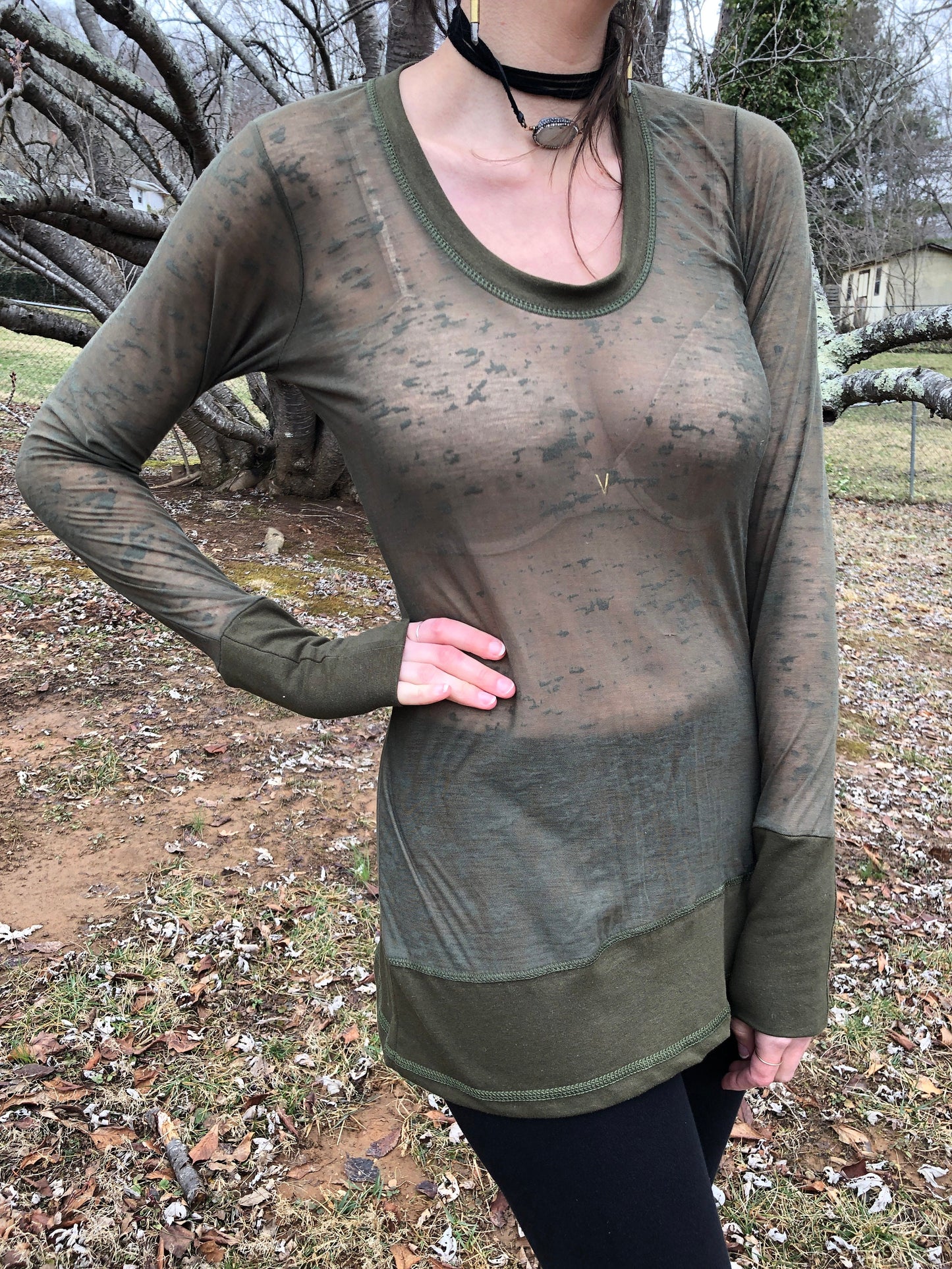 Sheer Scoop Neck, Cotton Lycra Stretch Knit, T shirt top, Long Line Tunic, Long Sleeves, Boho, Scrunch Cuffs, See-Through Woodland Fairy