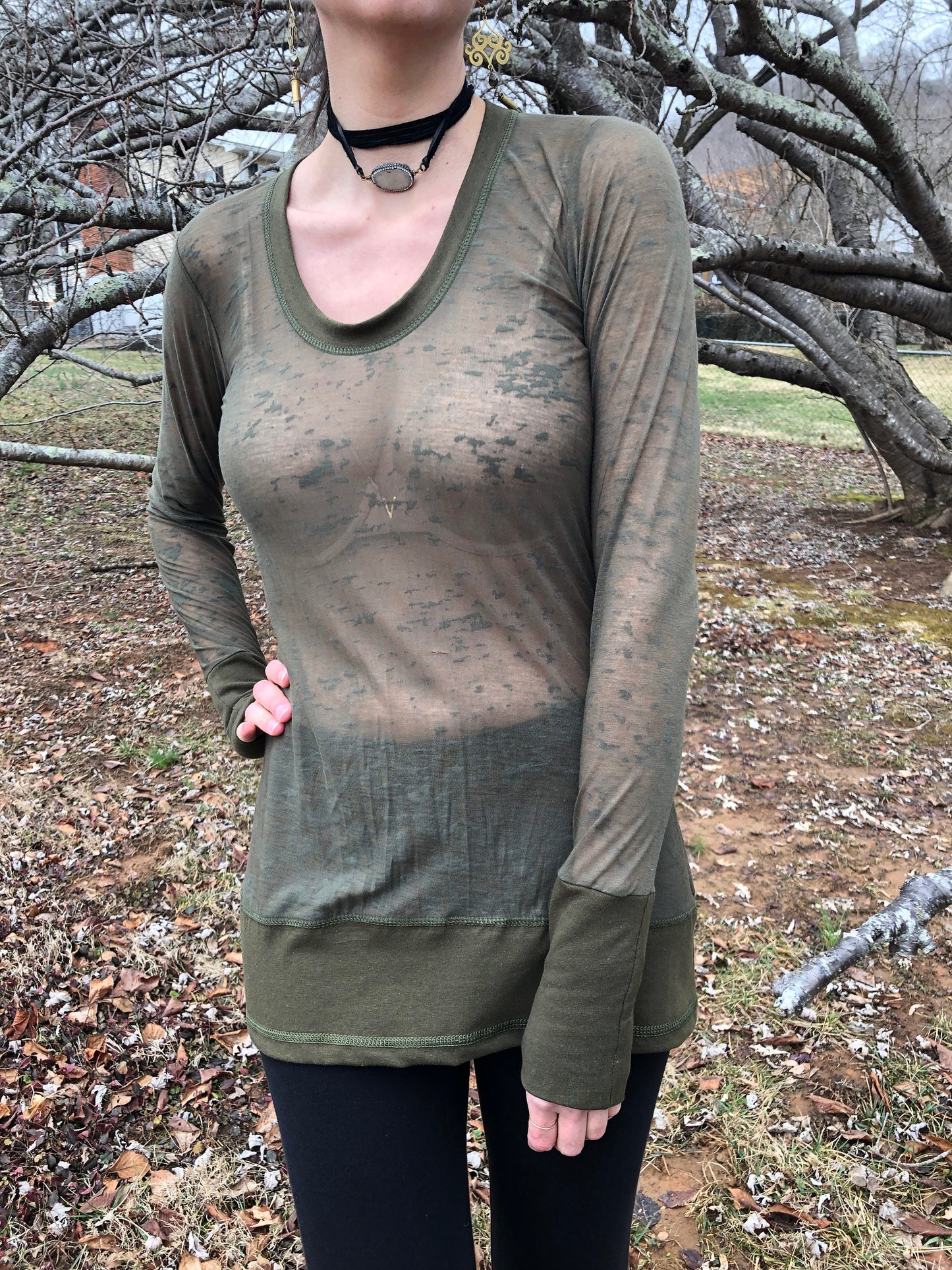 Sheer Scoop Neck, Cotton Lycra Stretch Knit, T shirt top, Long Line Tunic, Long Sleeves, Boho, Scrunch Cuffs, See-Through Woodland Fairy