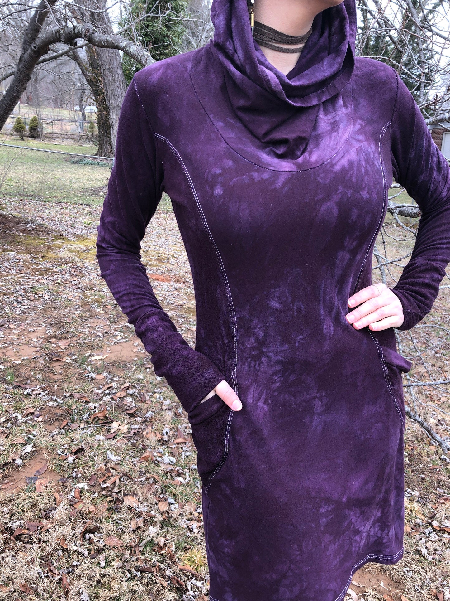 Hand Dyed, Bamboo/Hemp Hoodie Cowl Neck Dress, Stretch Terry and Jersey Shaped Torso, Pockets, Long Sleeves, Scrunch Cuffs, Athleisure