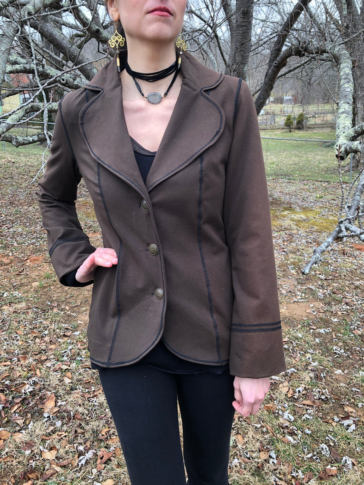 Steampunk Lined Jacket SMALL Only, Stretch Brown Cotton Lycra, Office Blazer Single Breasted Long Fitted Jacket, Brass Buttons