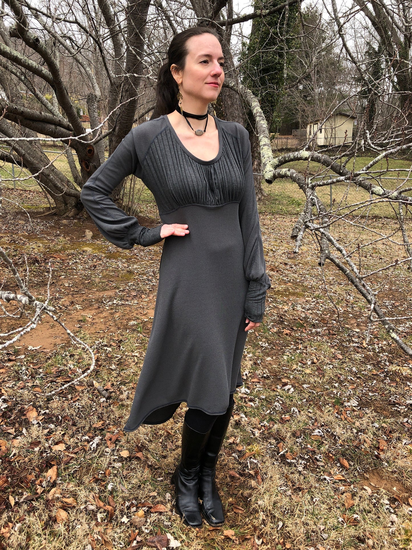 Willow Dress - Long Bell Sleeves, Cloud Grey Stretch Knit, Flowy, Winter Boho, Subtle Bodice Stripes