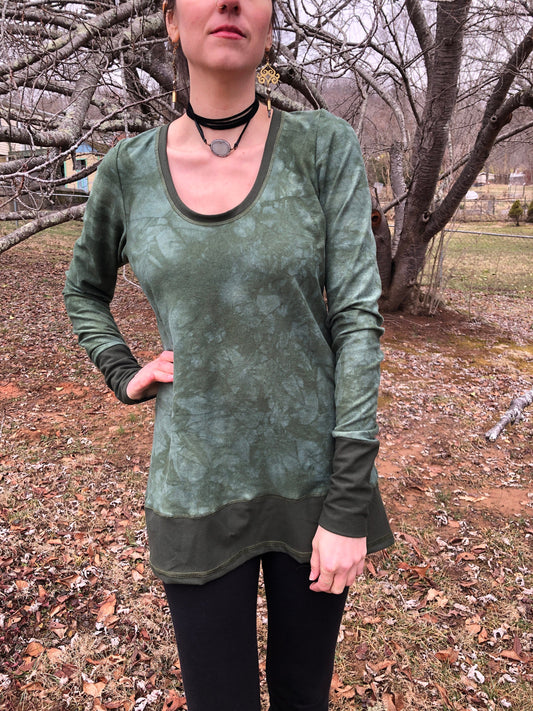 Hand Dyed, Hemp Scoop Neck, With Cotton Lycra Stretch Trim, T shirt top, Long Line Tunic, Long Sleeves, Boho, Scrunch Cuffs, Woodland Fairy