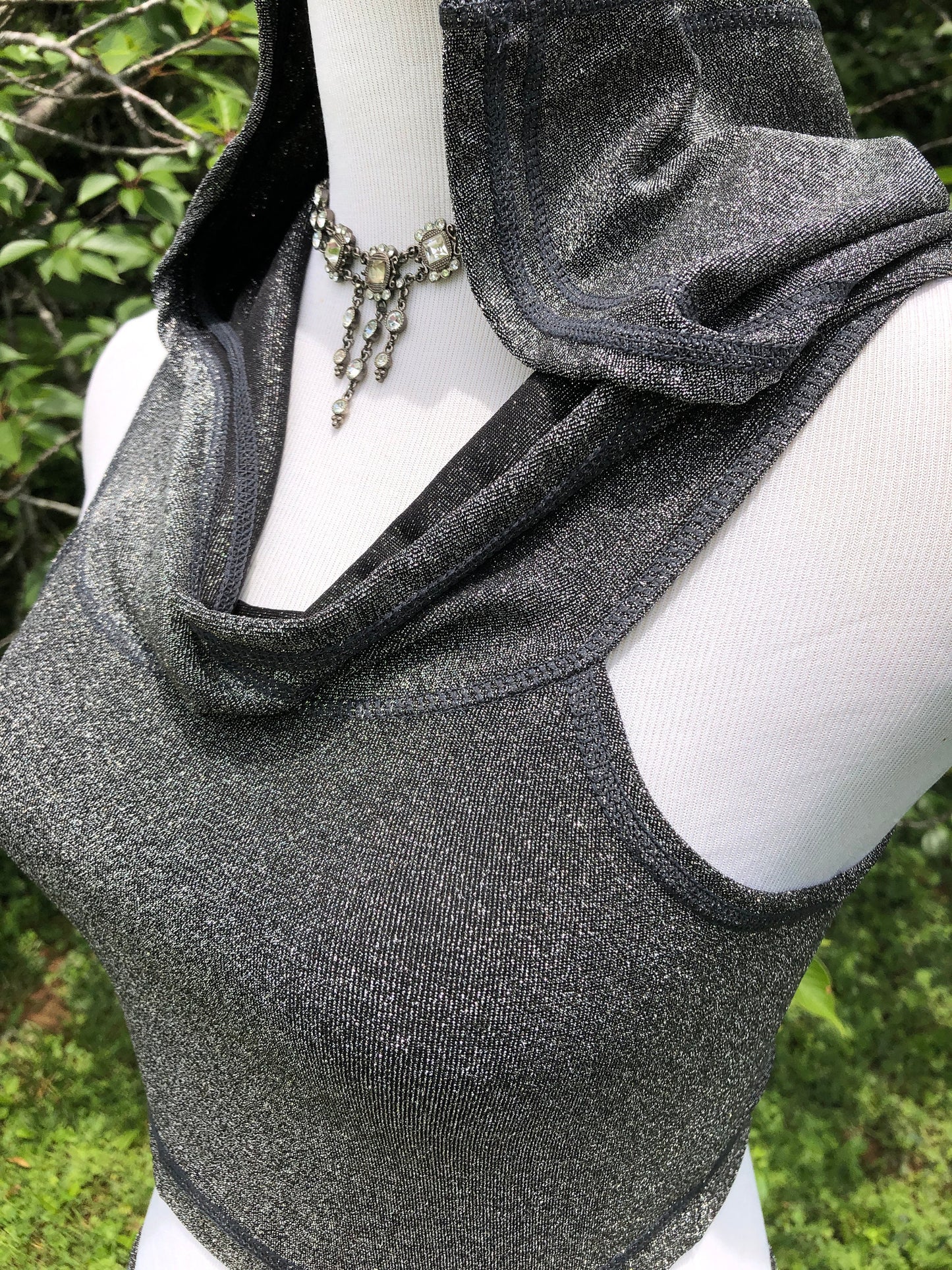Silver Lurex Emma Hooded Crop Top, Midriff Racerback Tank Hoodie, Yoga, Athletic, Elven, Fairy, Burning Man, Fesitval Costume