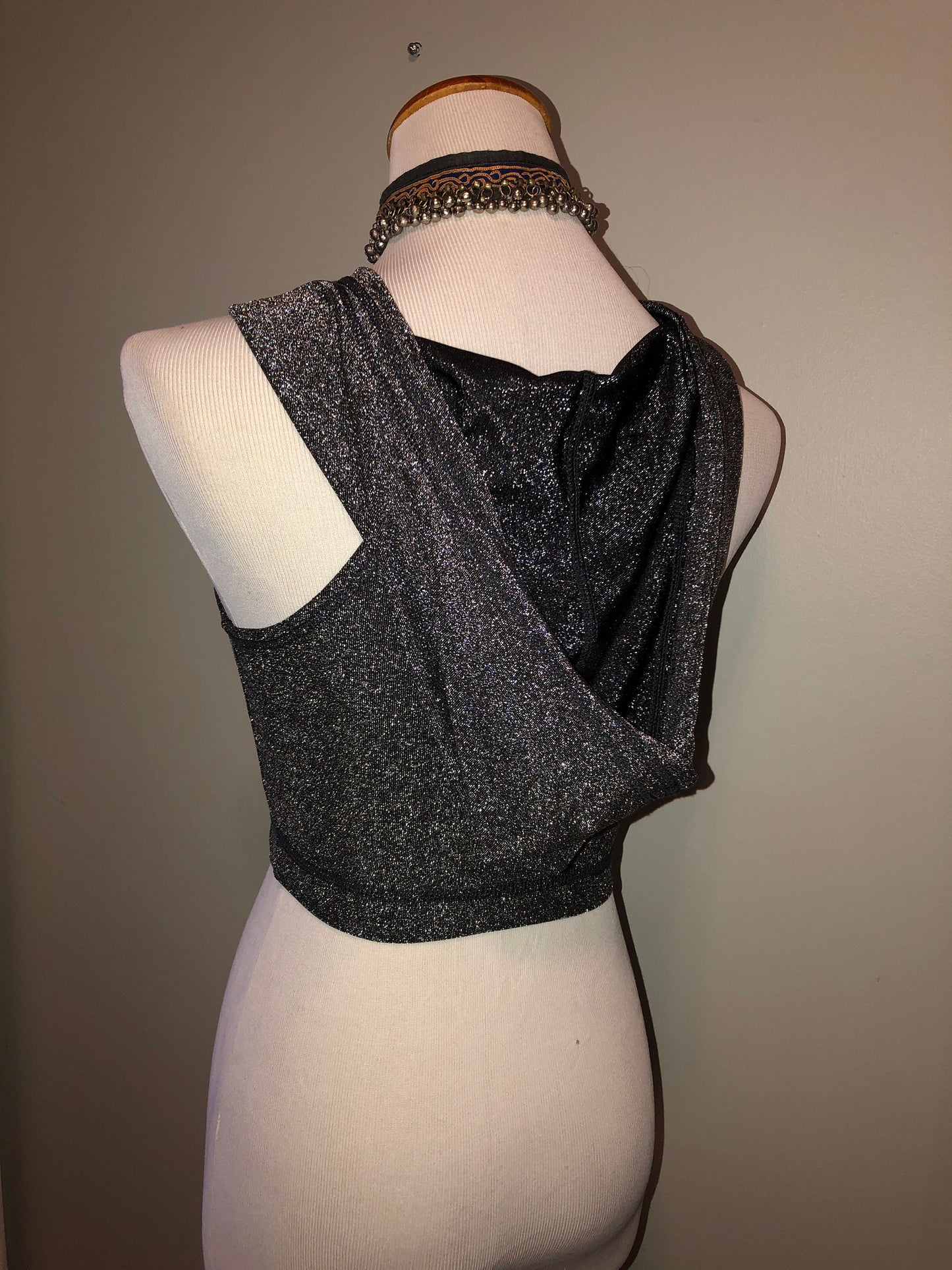 Silver Lurex Emma Hooded Crop Top, Midriff Racerback Tank Hoodie, Yoga, Athletic, Elven, Fairy, Burning Man, Fesitval Costume