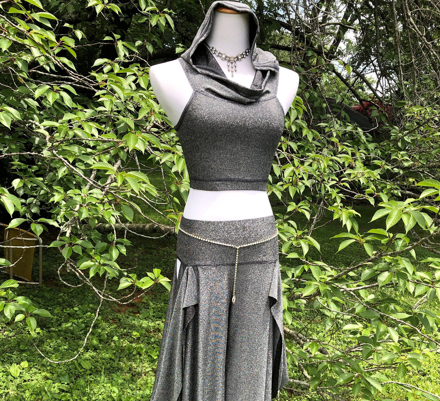 Silver Lurex Emma Hooded Crop Top, Midriff Racerback Tank Hoodie, Yoga, Athletic, Elven, Fairy, Burning Man, Fesitval Costume