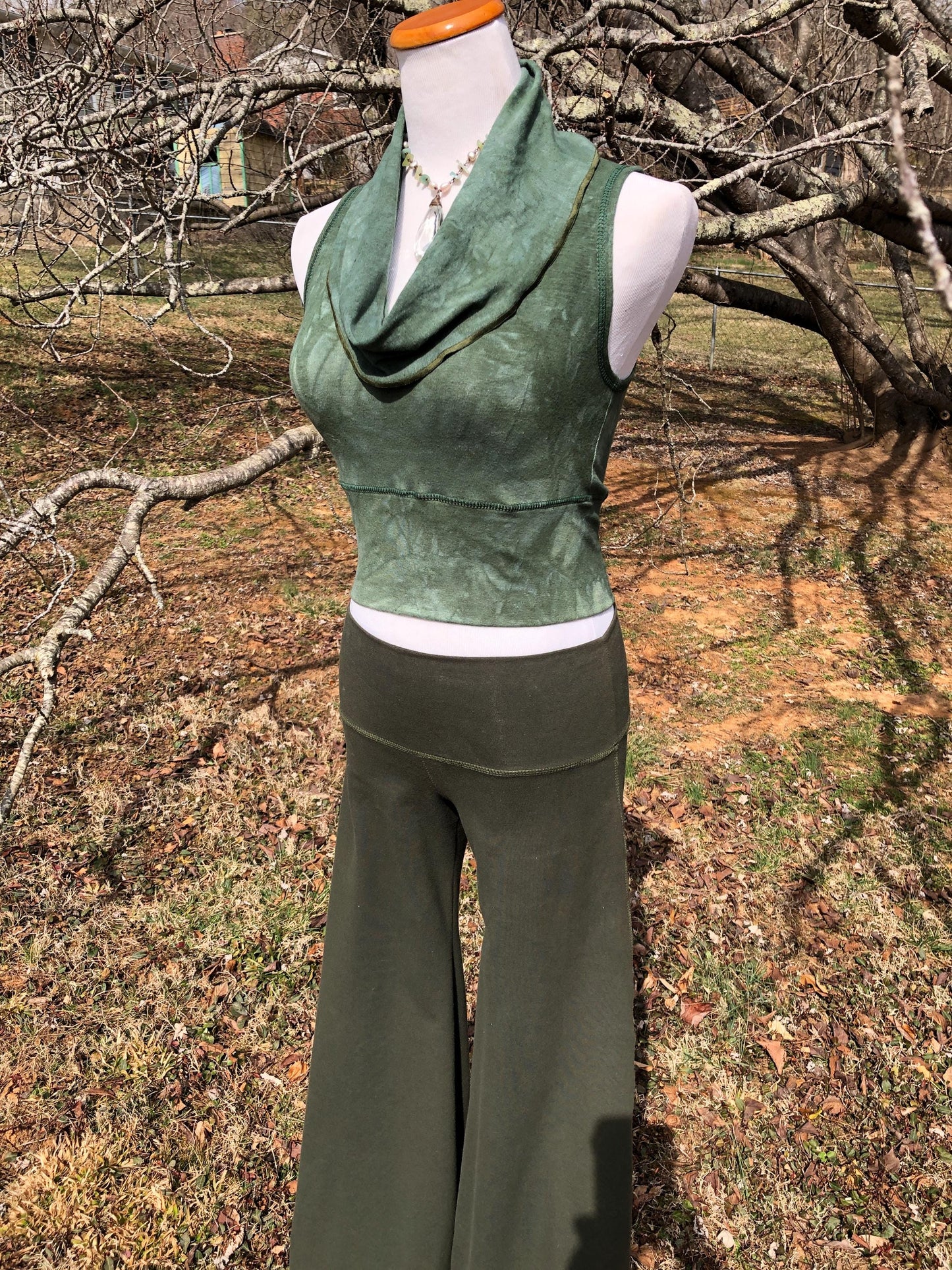 Cowl Neck Hemp Crop Top, Naturally Dyed, Stretch Festival Boho Top, Sleeveless, Racer Back Tank Top, Yoga Top, Forest Green