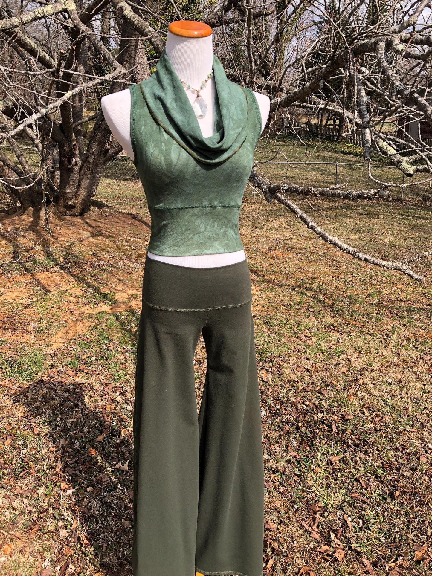 Cowl Neck Hemp Crop Top, Naturally Dyed, Stretch Festival Boho Top, Sleeveless, Racer Back Tank Top, Yoga Top, Forest Green