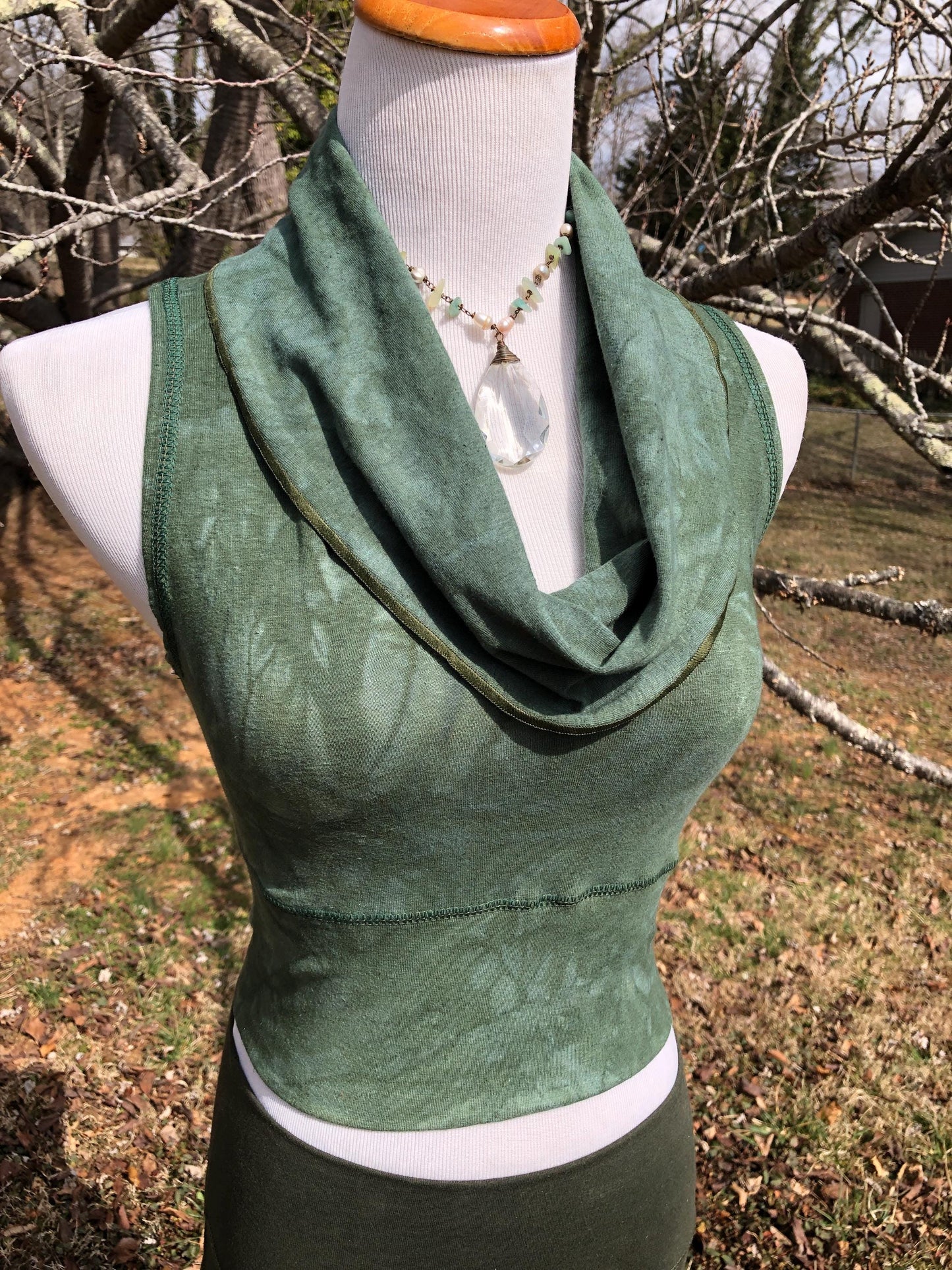 Cowl Neck Hemp Crop Top, Naturally Dyed, Stretch Festival Boho Top, Sleeveless, Racer Back Tank Top, Yoga Top, Forest Green