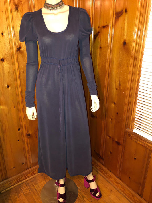 Pamela Dress, Long Puffed Sleeves, Low Neckline, Drawstring Empire Line, Soft Stretch Modal, Stone Washed Navy, Bridgerton Style; Regency