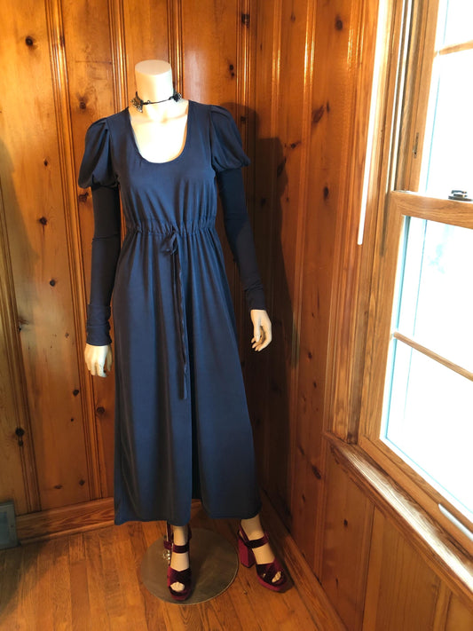 Pamela Dress, Long Puffed Sleeves, Low Neckline, Drawstring Empire Line, Soft Stretch Modal, Stone Washed Navy, Bridgerton Style; Regency