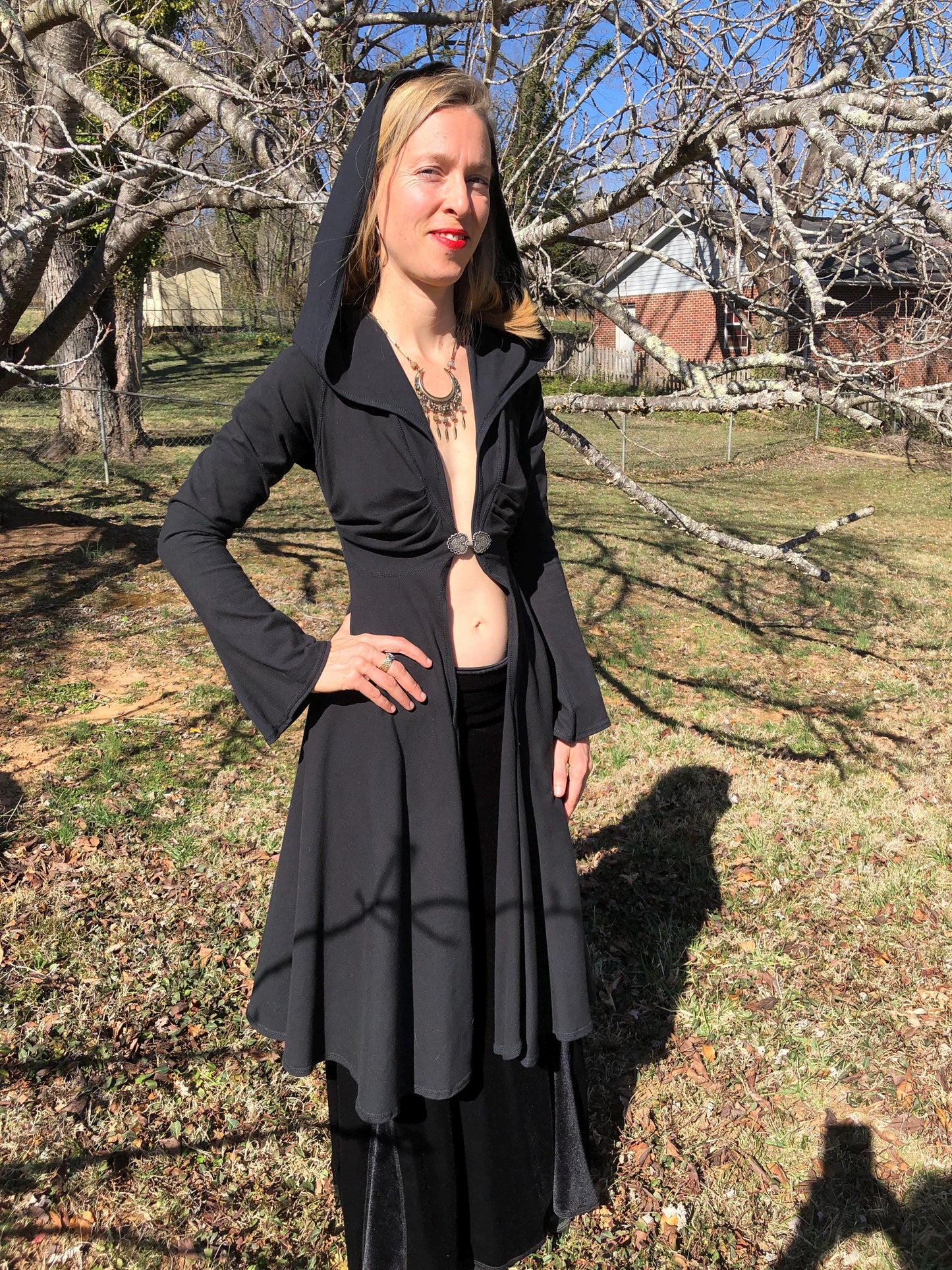 Dominique Stretch Cotton Organic Hooded Fitted Maxi Jacket, Priestess, Black Fairy Coat, Elven, Medieval Costume, Gothic Hoodie, Medium ONLY