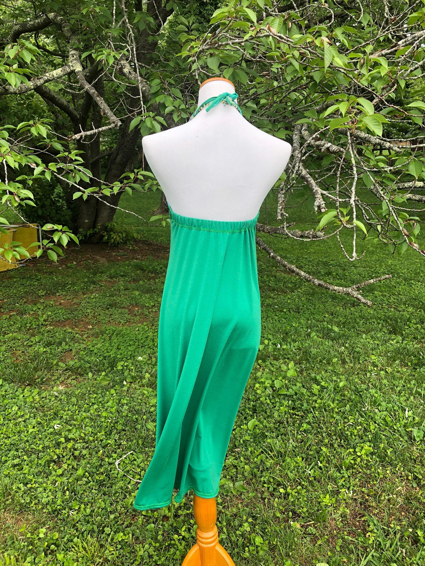 Sample Sale; The Gypsophelia Moss Green Layered Stretch Modal Halter Neck Sun Dress with Patterned Panel Casual Chic, Boho Priestess Dress