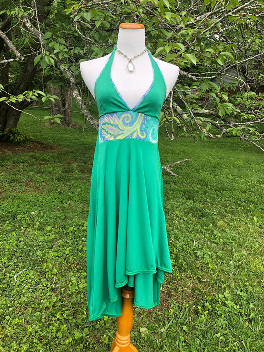 Sample Sale; The Gypsophelia Moss Green Layered Stretch Modal Halter Neck Sun Dress with Patterned Panel Casual Chic, Boho Priestess Dress