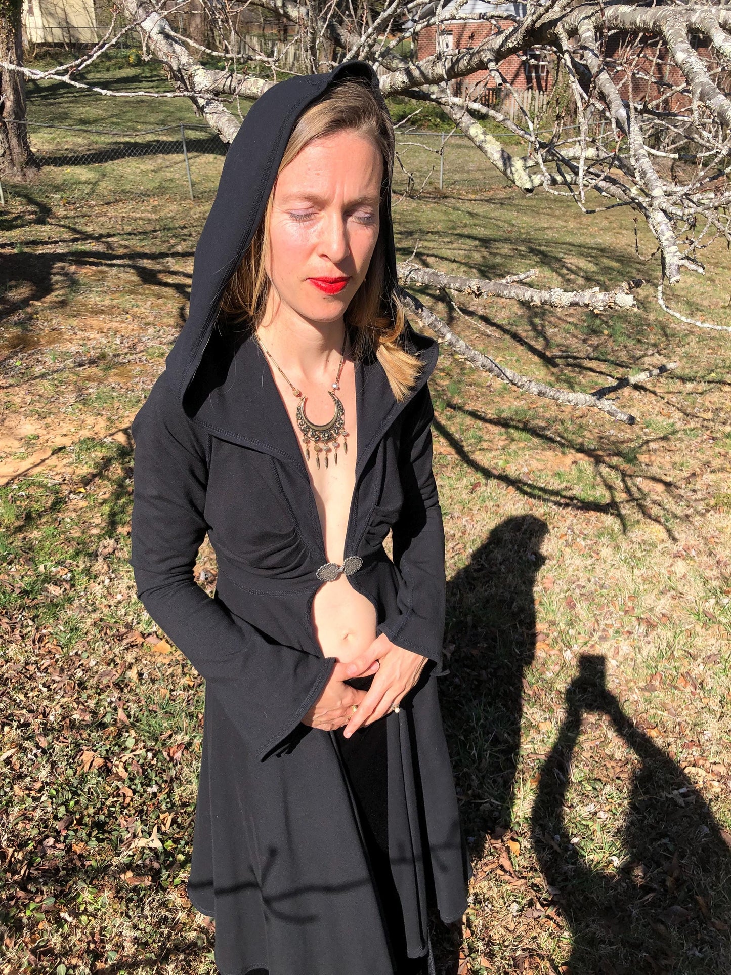 Dominique Stretch Cotton Organic Hooded Fitted Maxi Jacket, Priestess, Black Fairy Coat, Elven, Medieval Costume, Gothic Hoodie, Medium ONLY