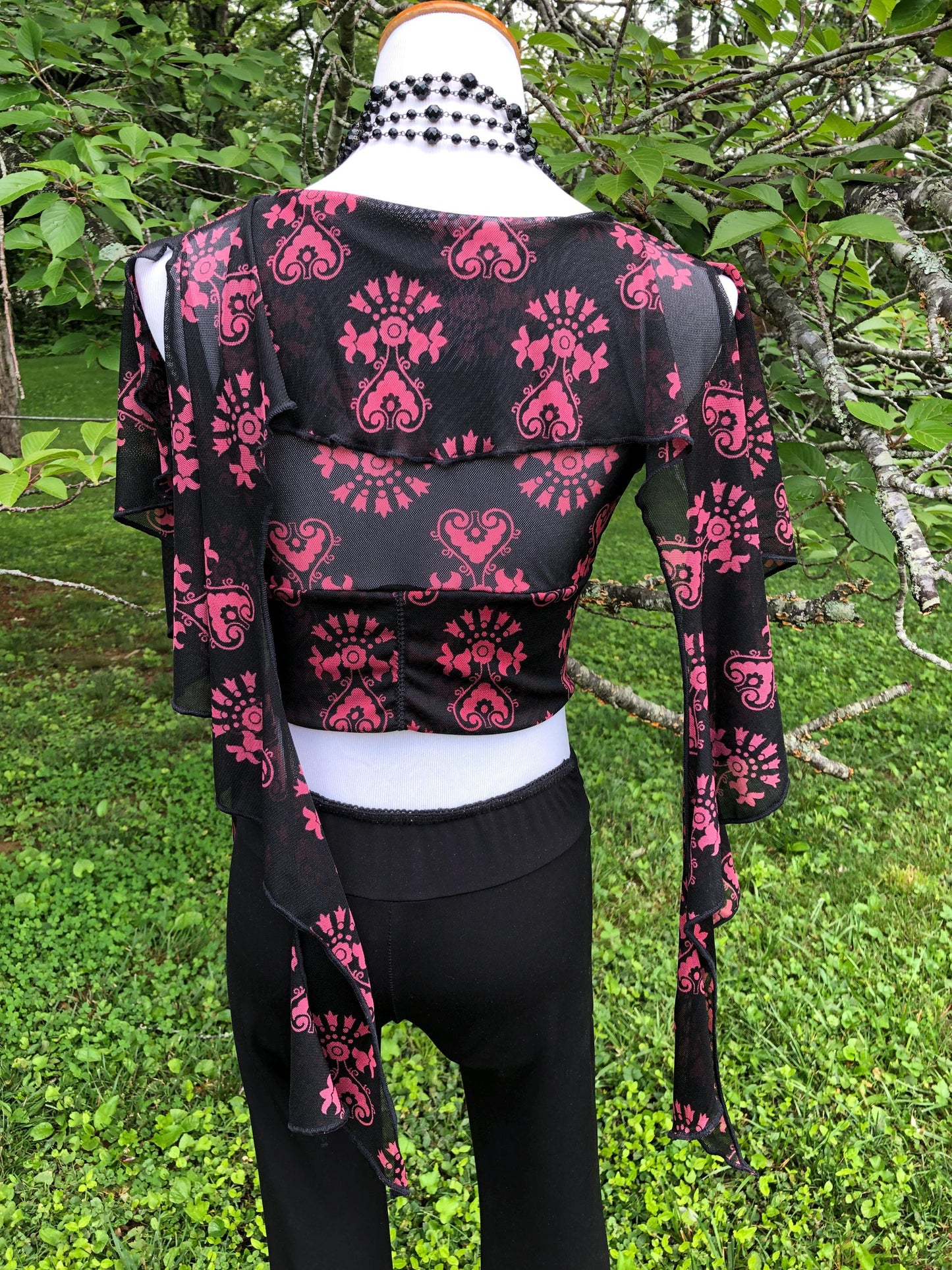 Cowl Neck Mesh Dance Crop Top - Long Tendrils, Boho Elven Fairy Bellydance Tribal Priestess, Ceremonial Flower Child Costume, Boho Print
