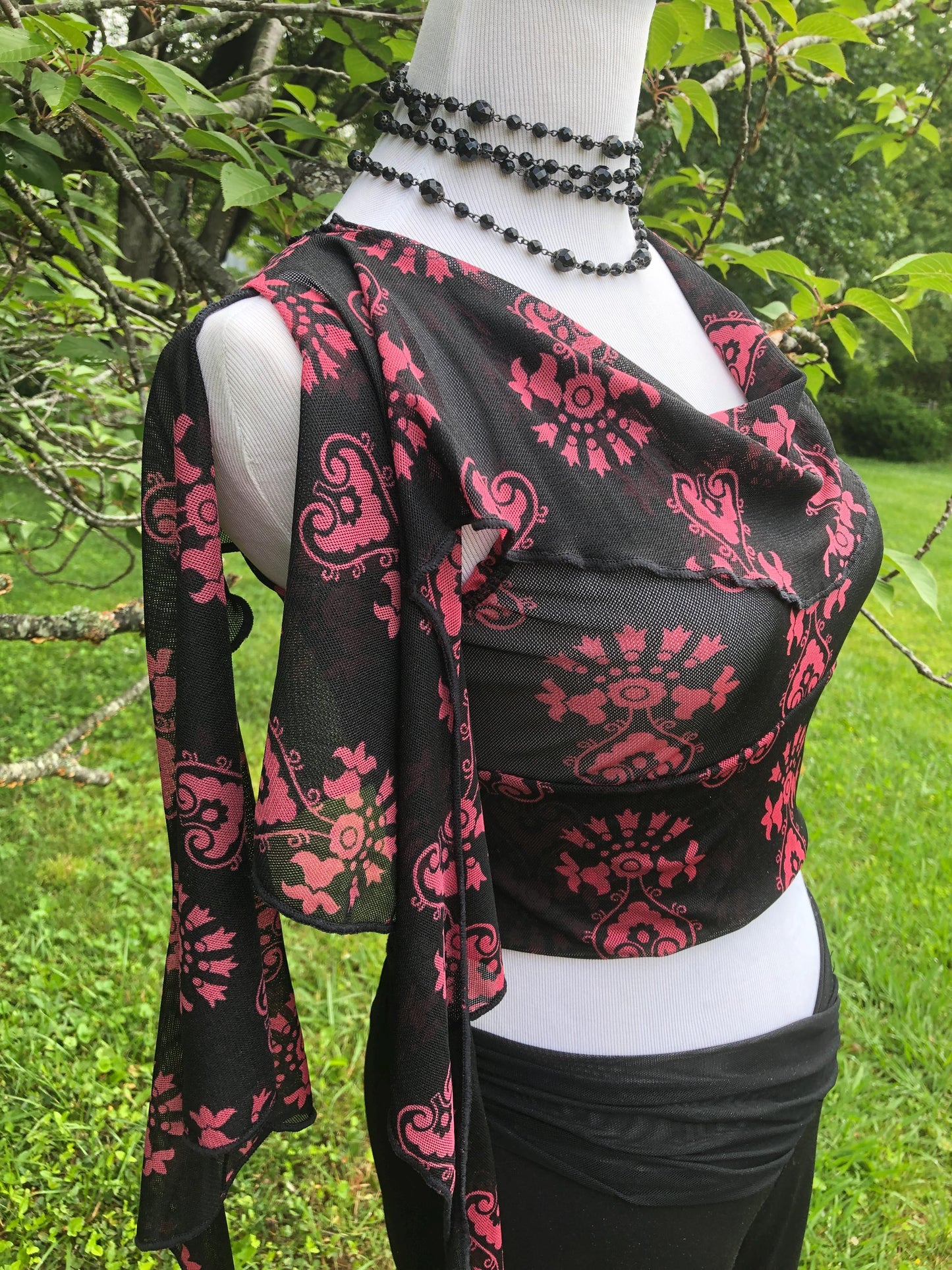 Cowl Neck Mesh Dance Crop Top - Long Tendrils, Boho Elven Fairy Bellydance Tribal Priestess, Ceremonial Flower Child Costume, Boho Print