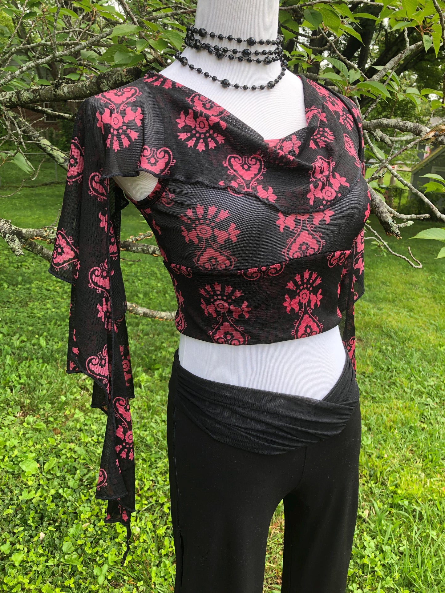 Cowl Neck Mesh Dance Crop Top - Long Tendrils, Boho Elven Fairy Bellydance Tribal Priestess, Ceremonial Flower Child Costume, Boho Print