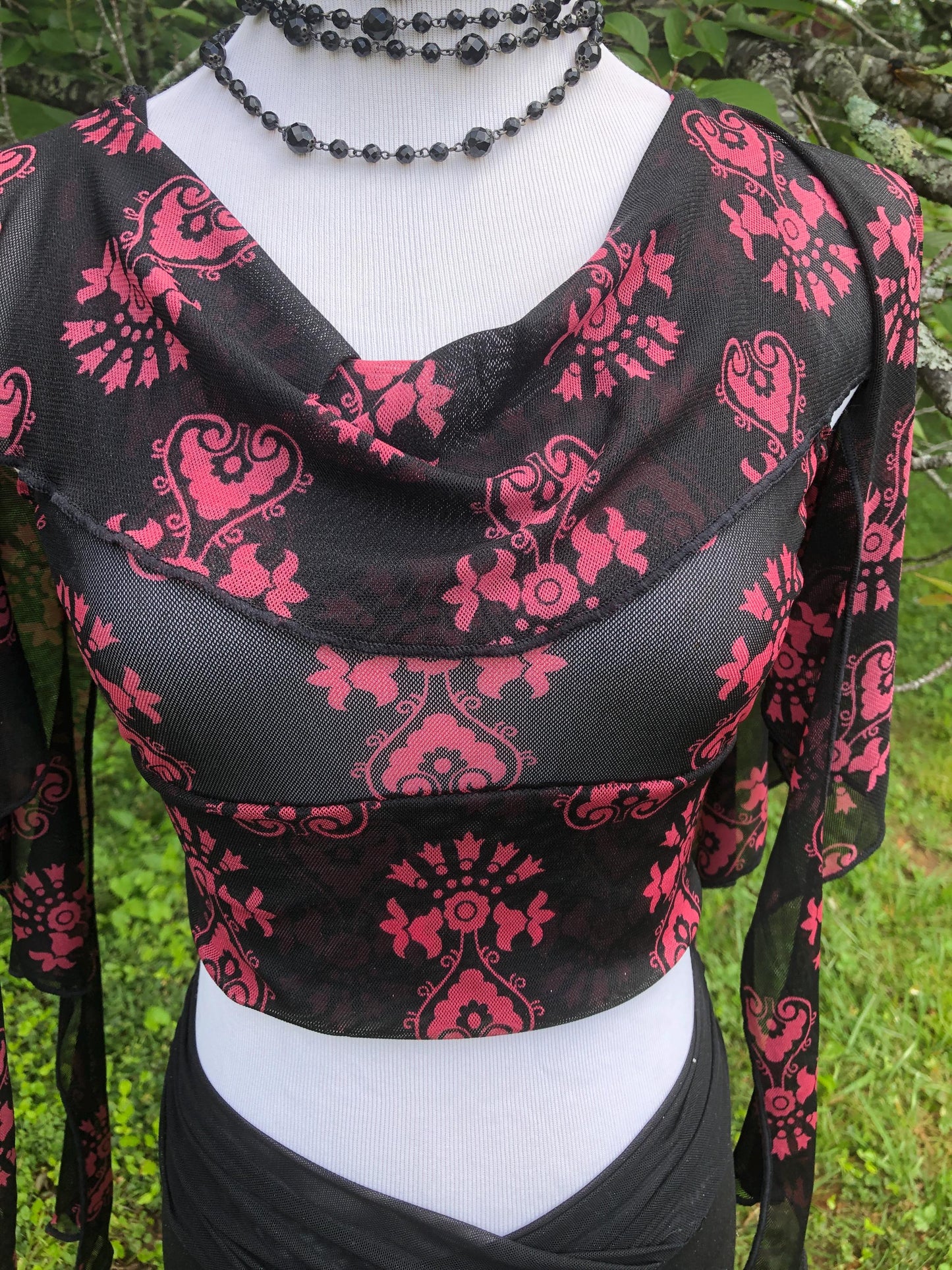 Cowl Neck Mesh Dance Crop Top - Long Tendrils, Boho Elven Fairy Bellydance Tribal Priestess, Ceremonial Flower Child Costume, Boho Print