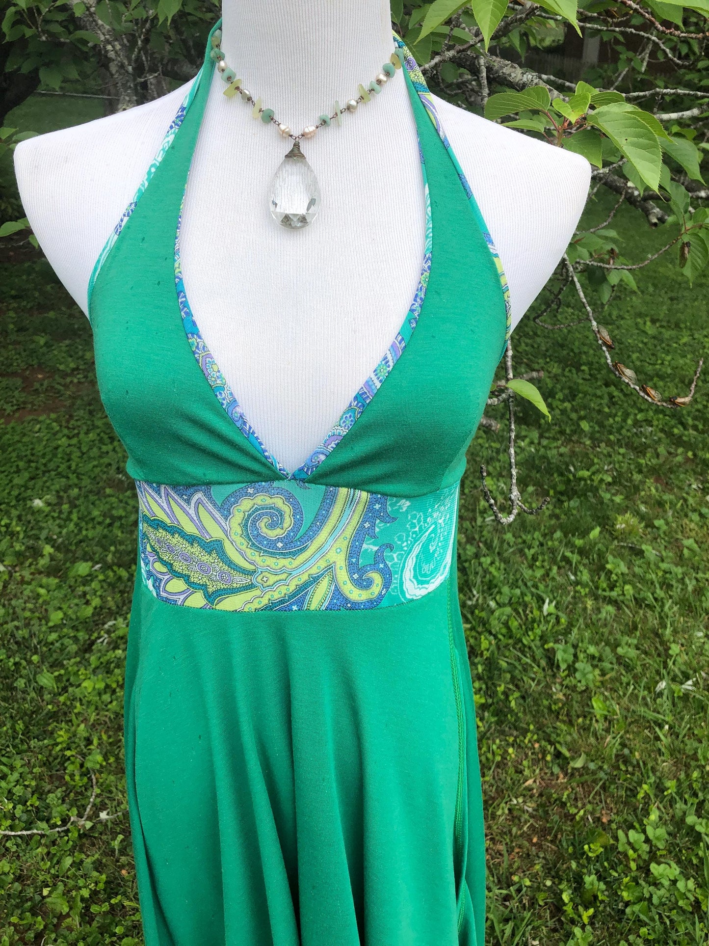 Sample Sale; The Gypsophelia Moss Green Layered Stretch Modal Halter Neck Sun Dress with Patterned Panel Casual Chic, Boho Priestess Dress