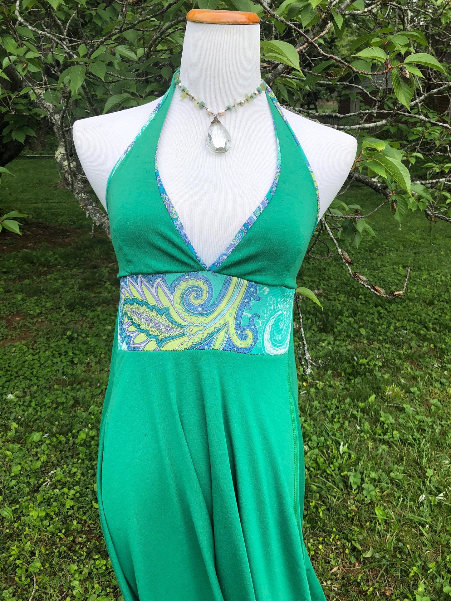Sample Sale; The Gypsophelia Moss Green Layered Stretch Modal Halter Neck Sun Dress with Patterned Panel Casual Chic, Boho Priestess Dress