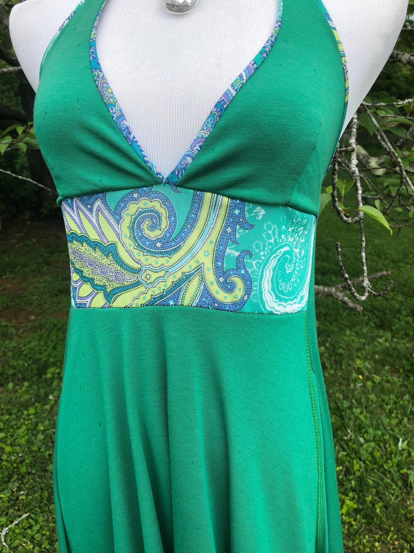 Sample Sale; The Gypsophelia Moss Green Layered Stretch Modal Halter Neck Sun Dress with Patterned Panel Casual Chic, Boho Priestess Dress