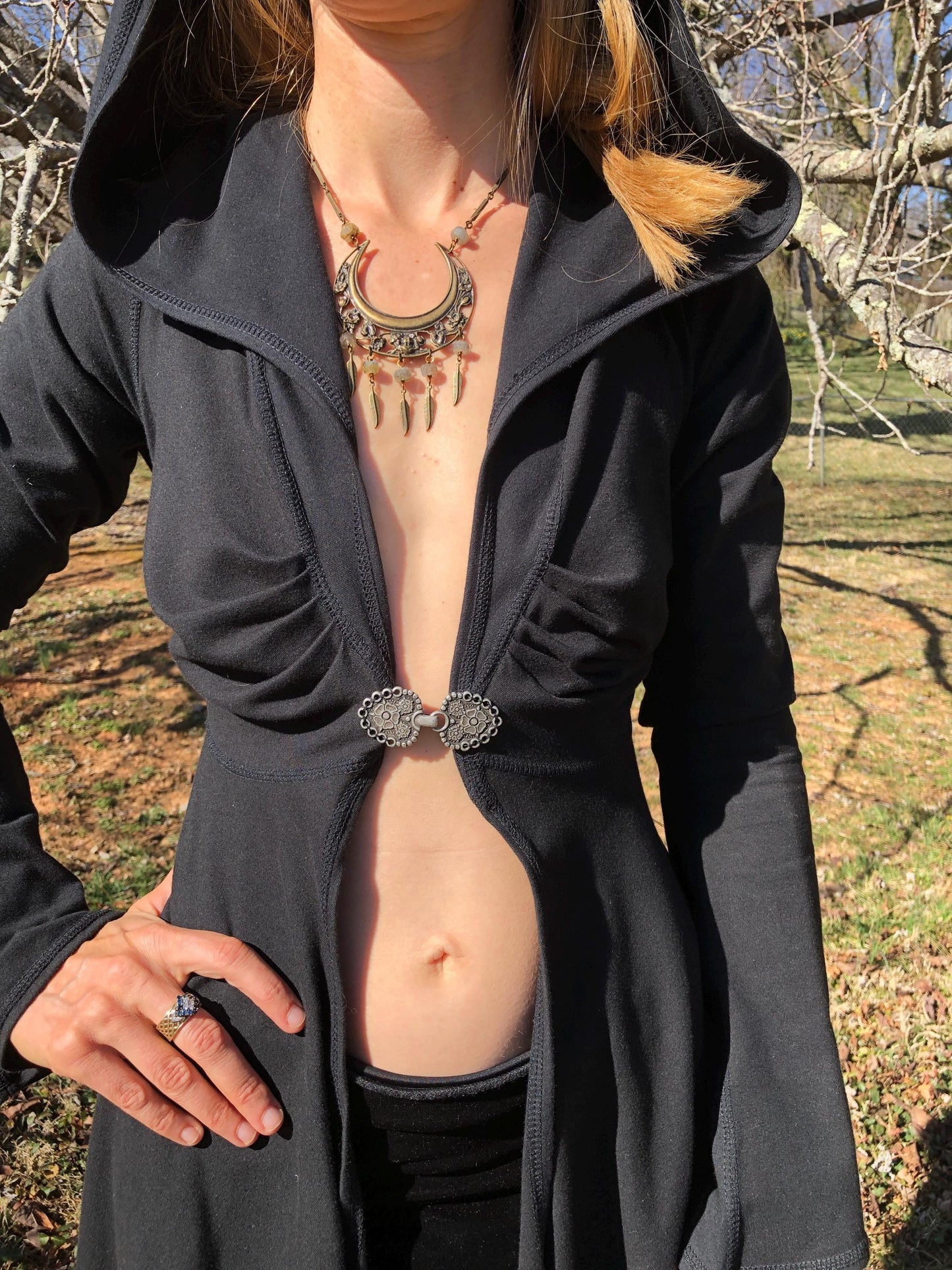 Dominique Stretch Cotton Organic Hooded Fitted Maxi Jacket, Priestess, Black Fairy Coat, Elven, Medieval Costume, Gothic Hoodie, Medium ONLY