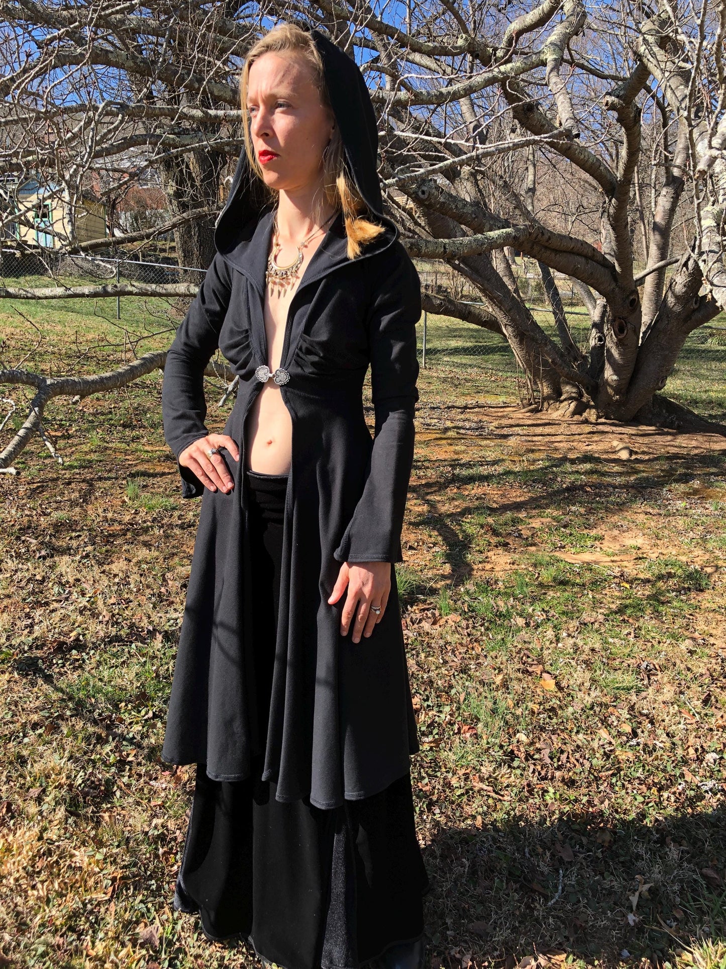 Dominique Stretch Cotton Organic Hooded Fitted Maxi Jacket, Priestess, Black Fairy Coat, Elven, Medieval Costume, Gothic Hoodie, Medium ONLY