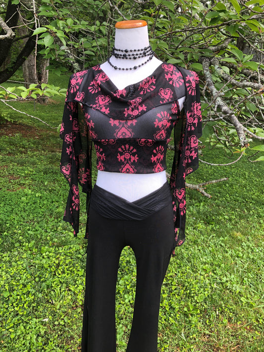 Cowl Neck Mesh Dance Crop Top - Long Tendrils, Boho Elven Fairy Bellydance Tribal Priestess, Ceremonial Flower Child Costume, Boho Print