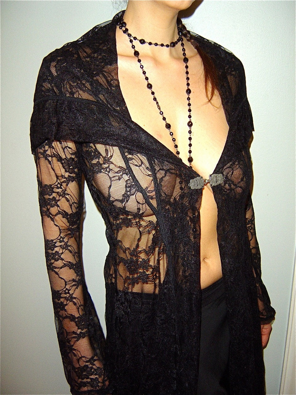 Diana Lingerie Long Fitted Jacket Hoodie Maxi Coat Robe in Lace | Bridal Wear, Priestess Robe, Gothic, Strega Witch, Dark Fairy Costume