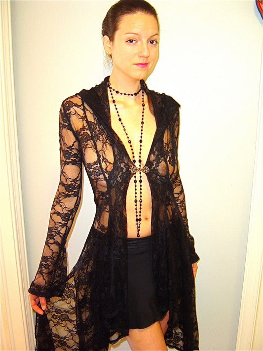 Diana Lingerie Long Fitted Jacket Hoodie Maxi Coat Robe in Lace | Bridal Wear, Priestess Robe, Gothic, Strega Witch, Dark Fairy Costume