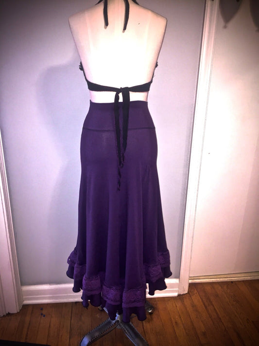 SALE: Boho Hobo Lace Frill Waterfall Skirt size MEDIUM in Eggplant Purple Cotton Lycra Hi-Lo Layered Ruffle Skirt Gypsy, Bellydance Costume