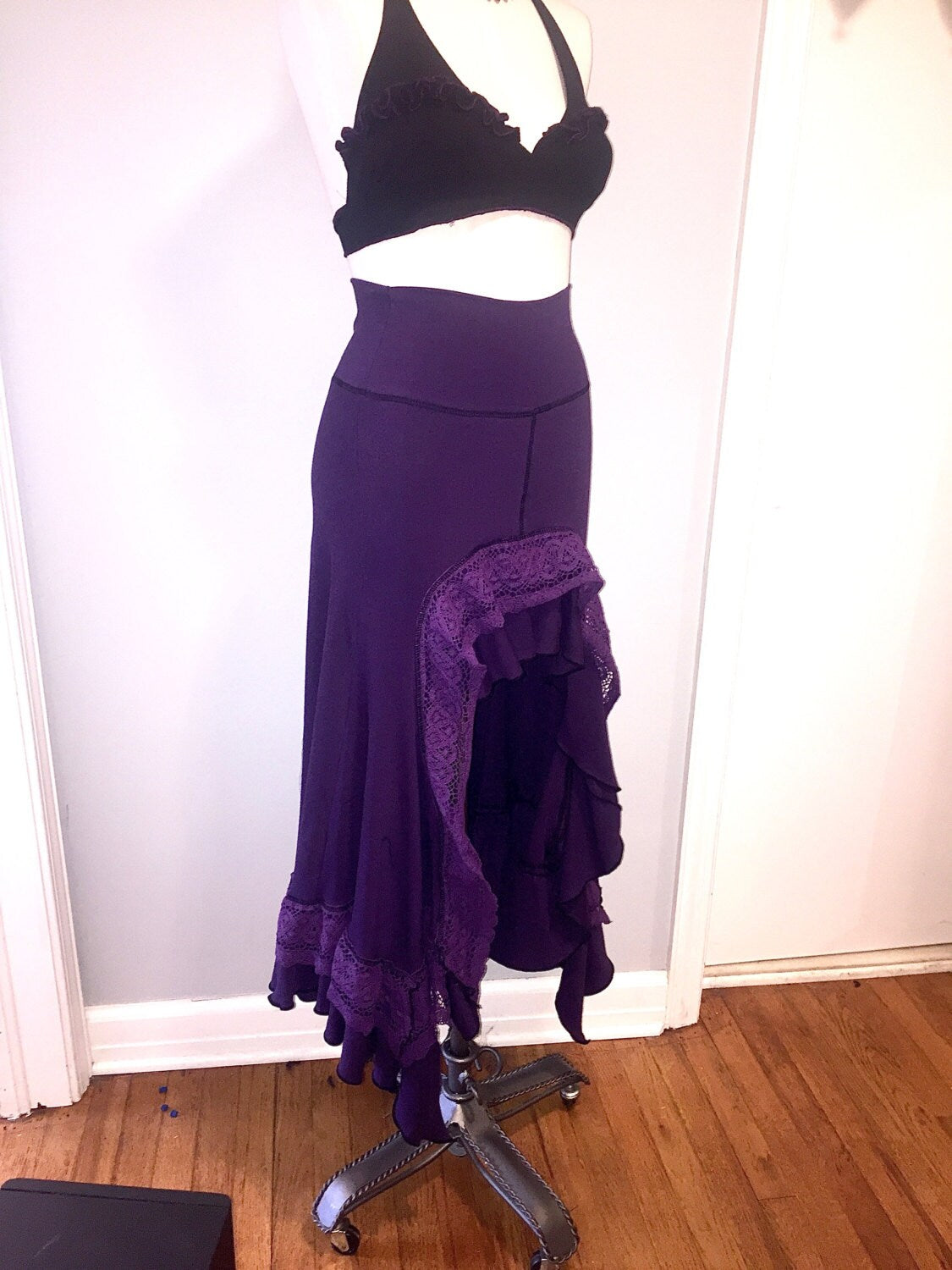 SALE: Boho Hobo Lace Frill Waterfall Skirt size MEDIUM in Eggplant Purple Cotton Lycra Hi-Lo Layered Ruffle Skirt Gypsy, Bellydance Costume