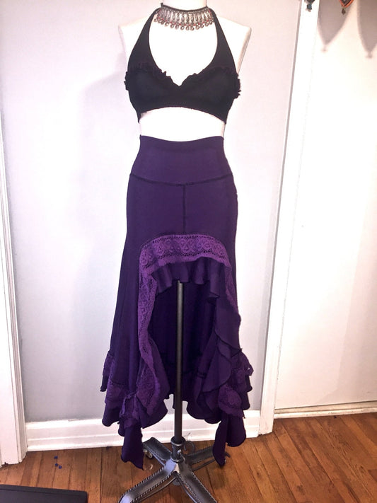 SALE: Boho Hobo Lace Frill Waterfall Skirt size MEDIUM in Eggplant Purple Cotton Lycra Hi-Lo Layered Ruffle Skirt Gypsy, Bellydance Costume